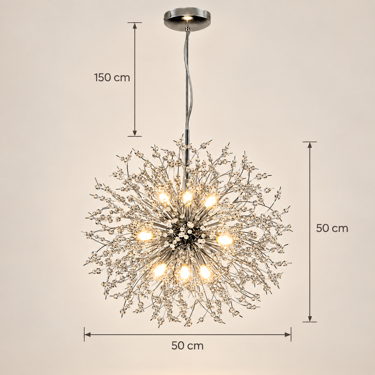 Stellia chandelier dimensions: 50 cm diameter, 50 cm high, cable up to 150 cm