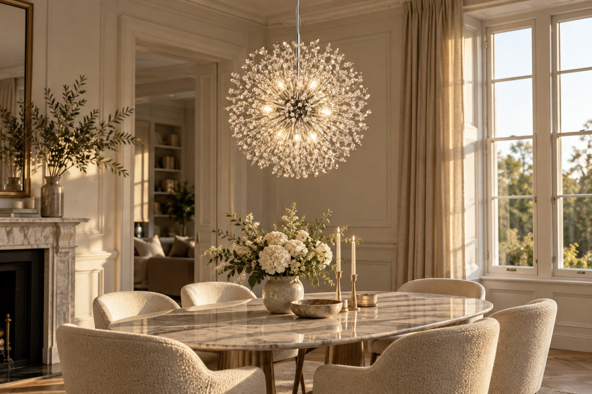 Stellia crystal dandelion chandelier above a marble dining table in a bright British dining room