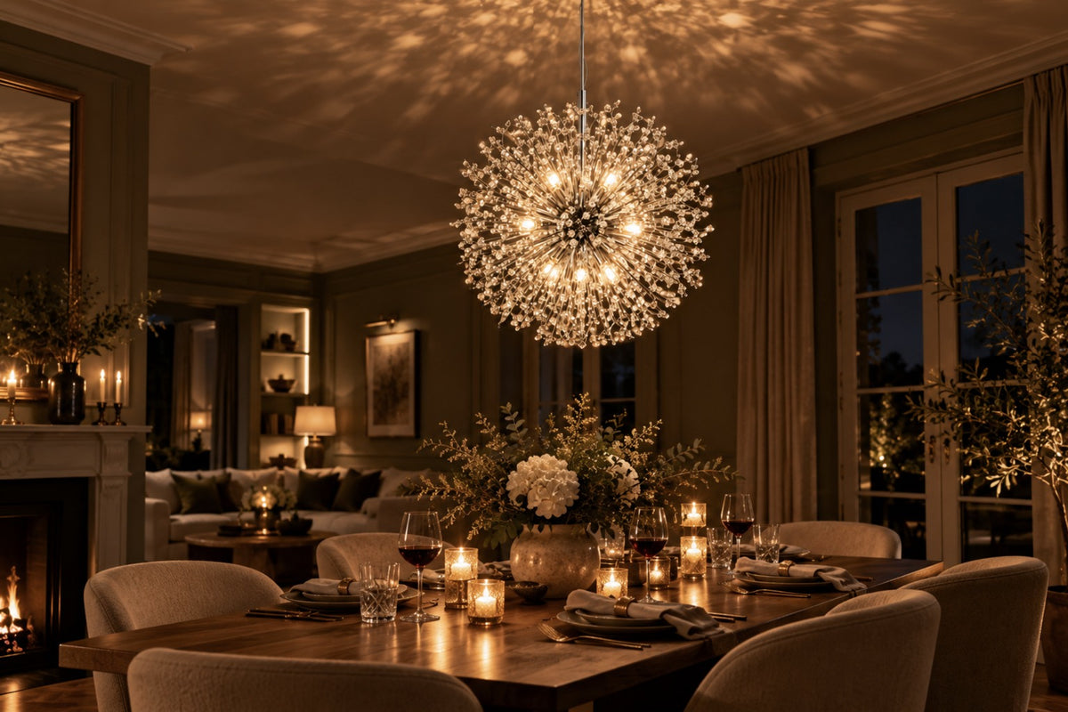 Stellia chandelier lit at night, casting a starry light pattern across the ceiling above a candlelit dinner table