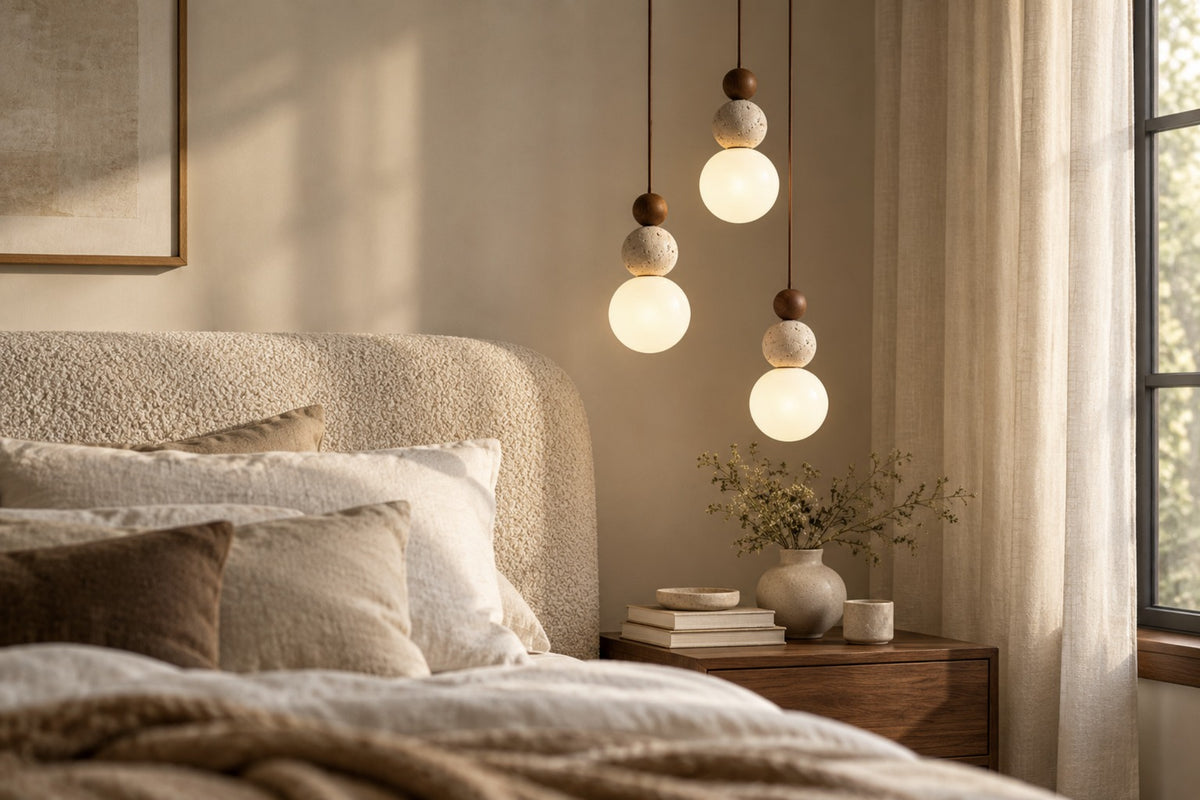 Cluster of three Terra pendants at staggered heights beside a bed