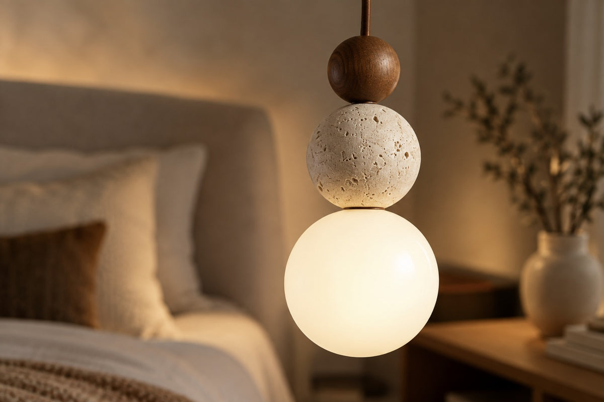 Close-up of the Terra walnut, travertine and frosted glass pendant, lit