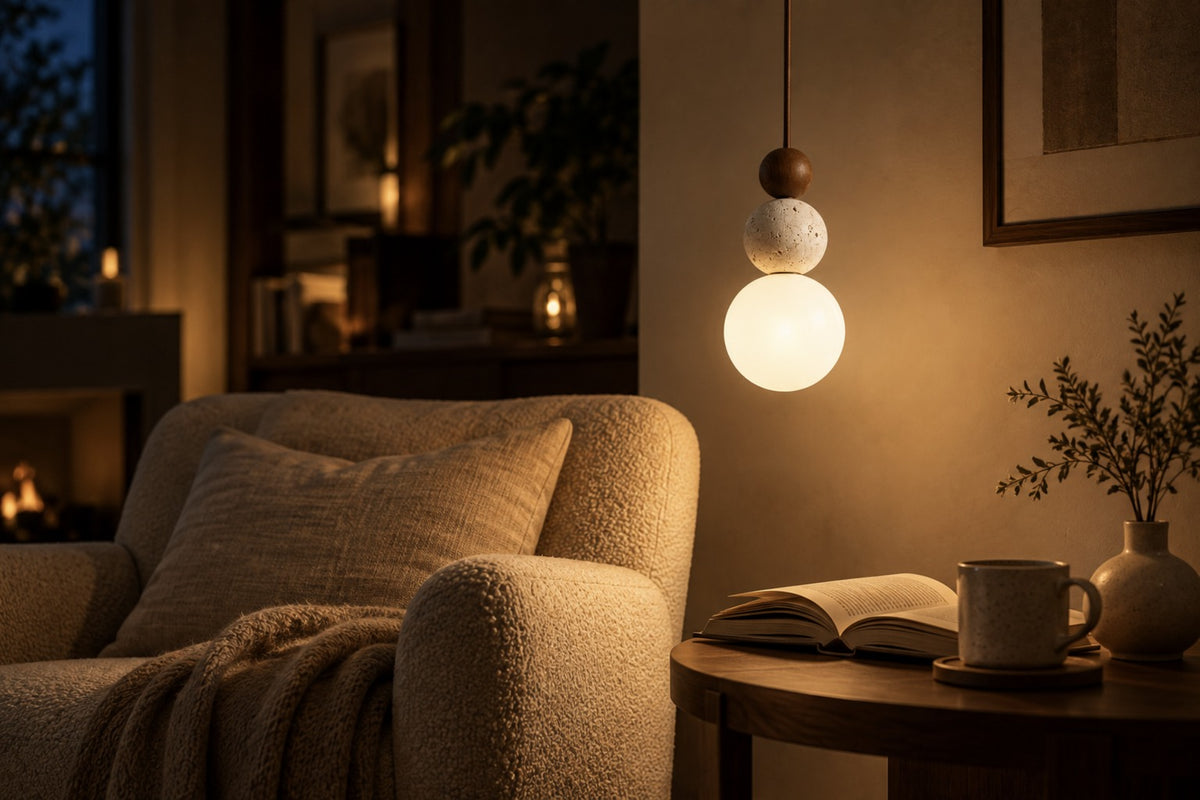 Terra pendant glowing beside a reading chair at night