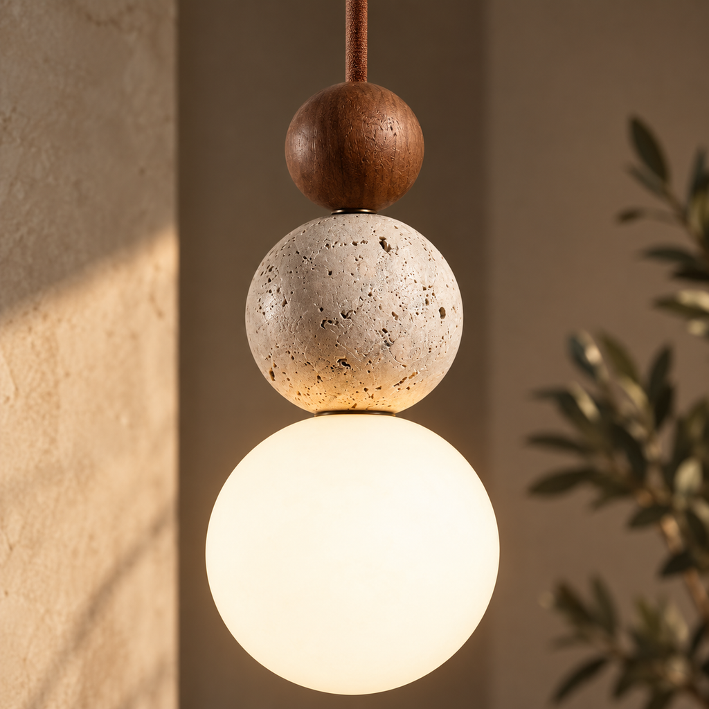 Close-up of the Terra walnut, travertine and frosted glass forms