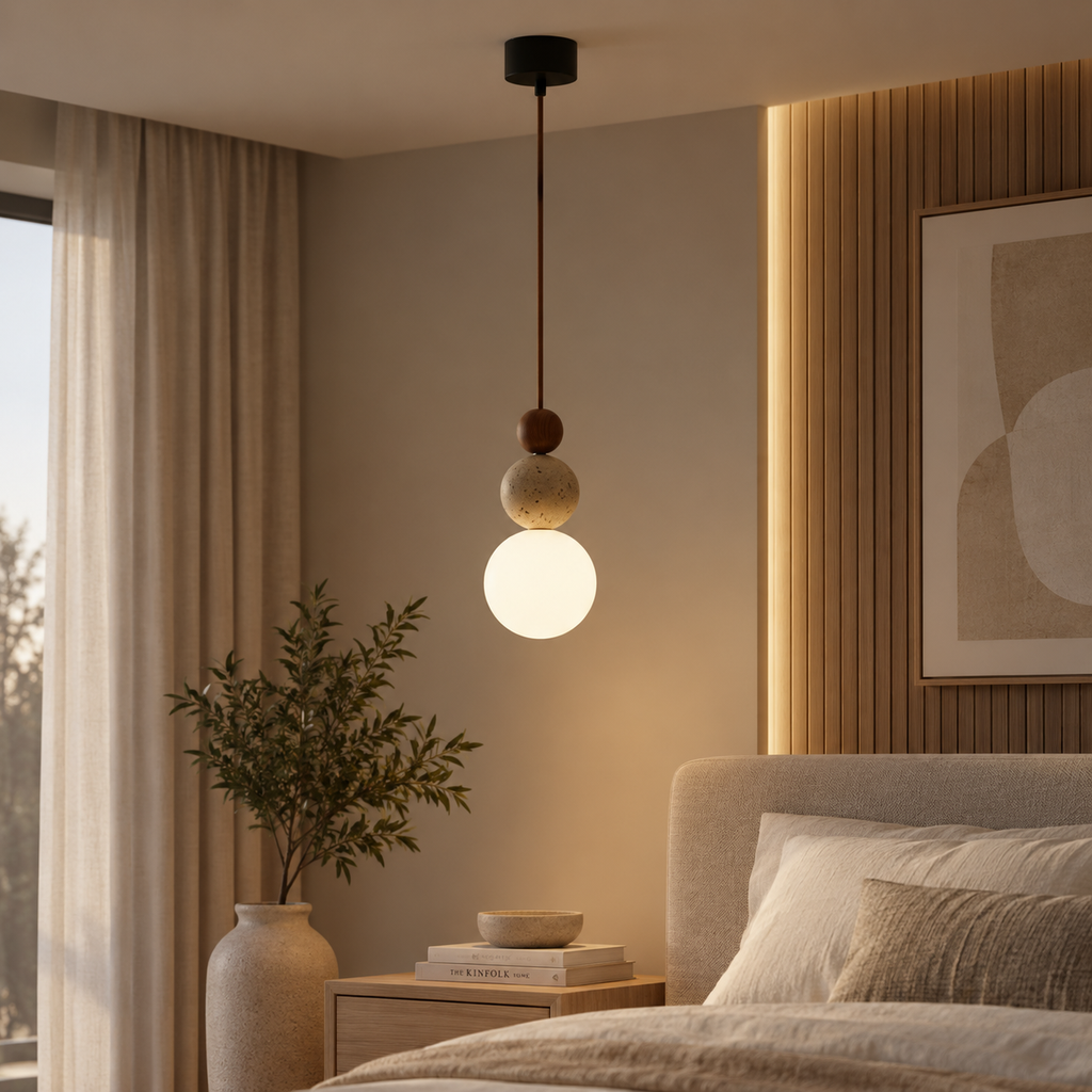 Terra travertine, walnut and glass pendant light in a bedroom