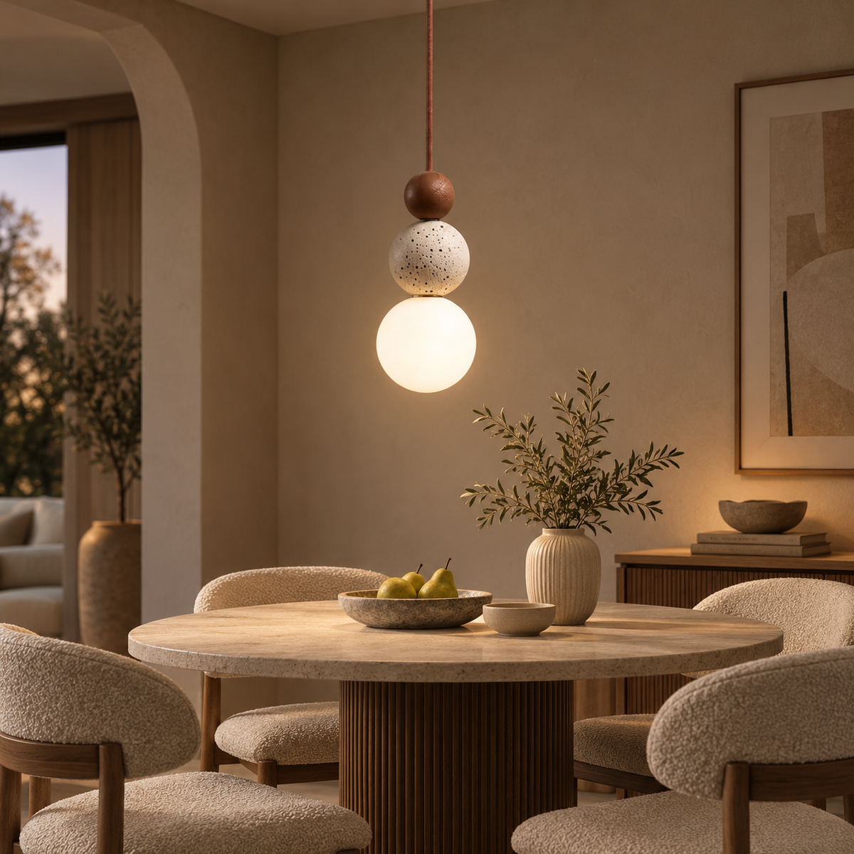 Terra travertine, walnut and glass pendant light over a dining table