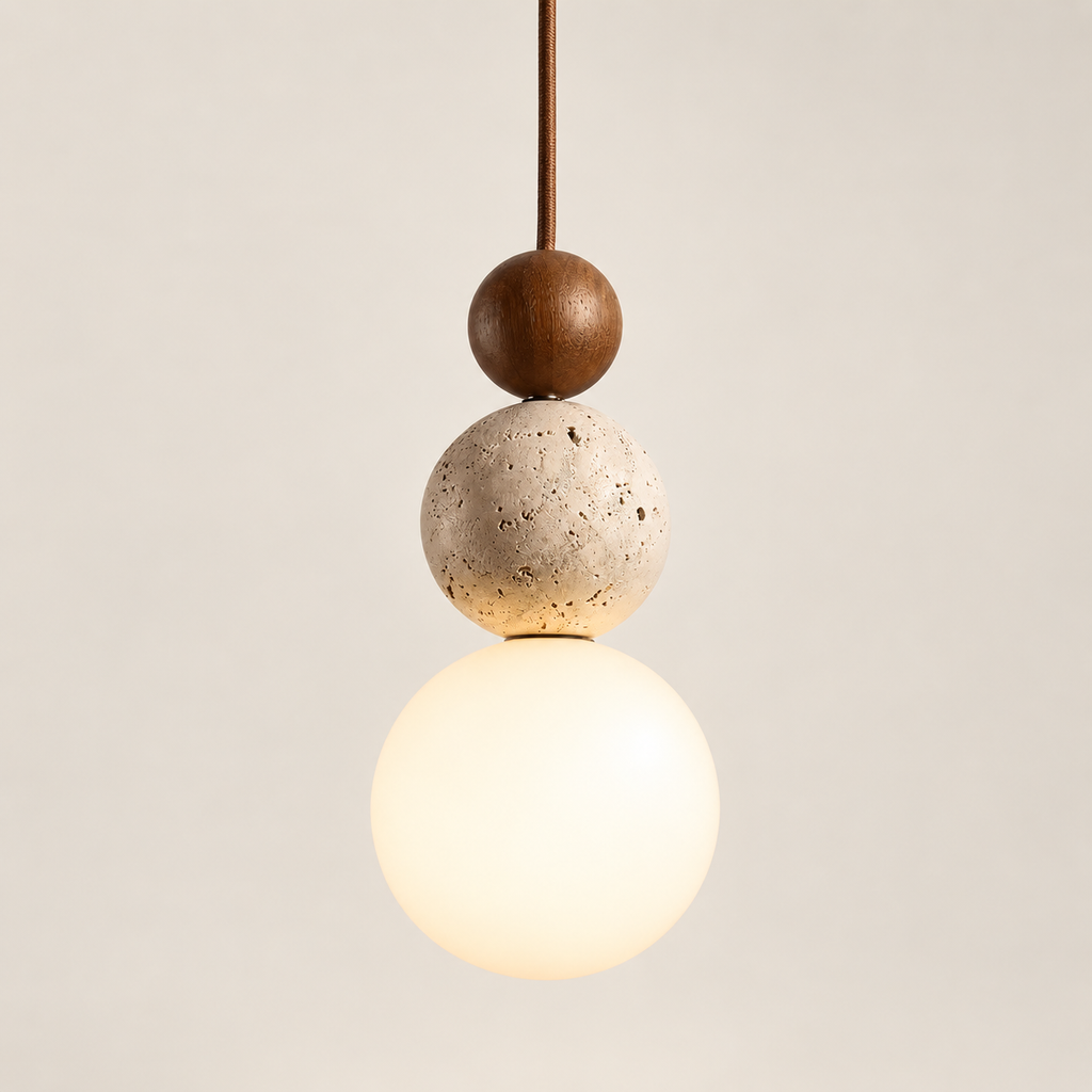 Terra walnut, travertine and frosted glass pendant light, lit, on a greige studio background