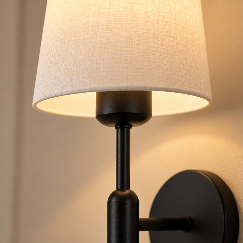 Close-up of the Theo white fabric shade and matte black stem