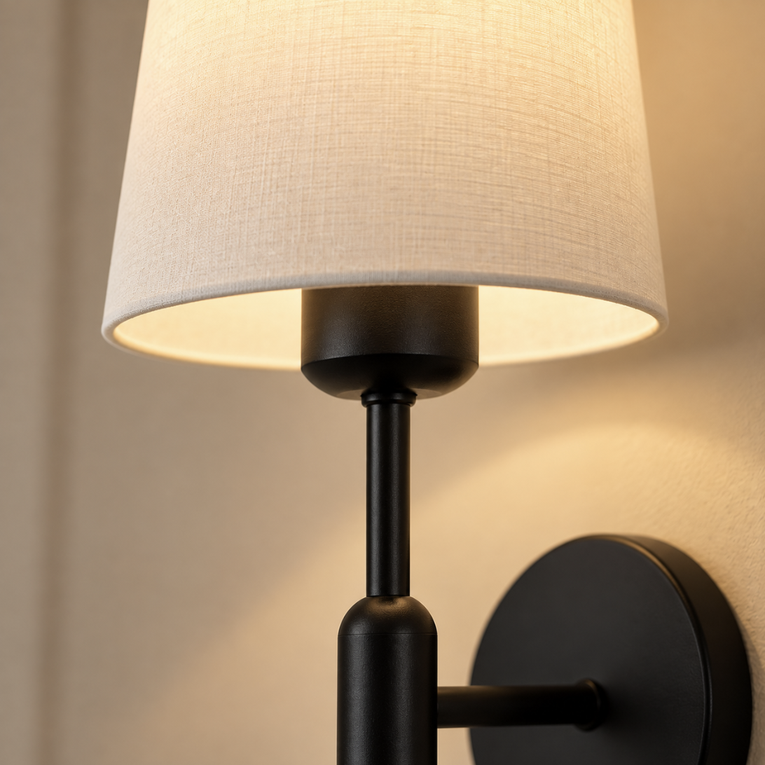 Close-up of the Theo white fabric shade and matte black stem