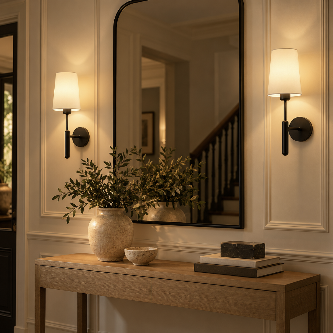 Pair of Theo black rechargeable wall lights with white shades either side of a hallway mirror