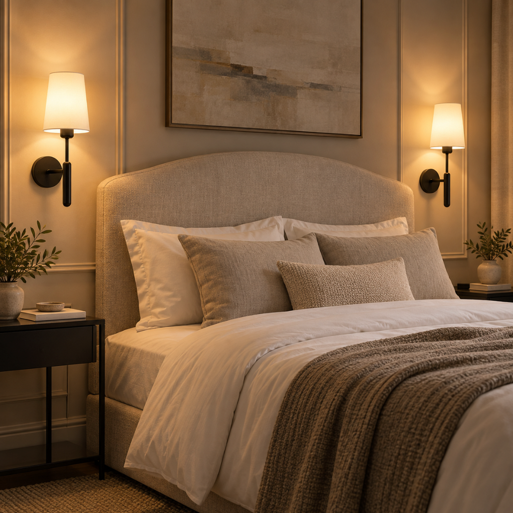 Two Theo black wall lights either side of an upholstered headboard