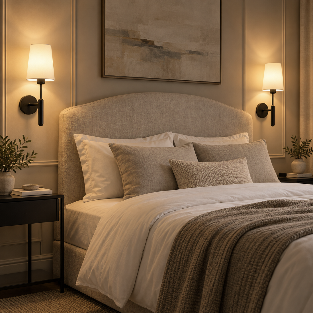 Two Theo black wall lights either side of an upholstered headboard