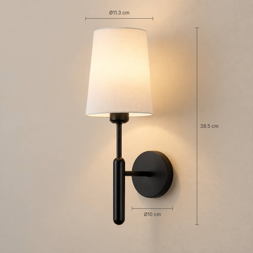 Theo wall light dimensions: 38.5 cm tall, 11.3 cm shade, 10 cm backplate