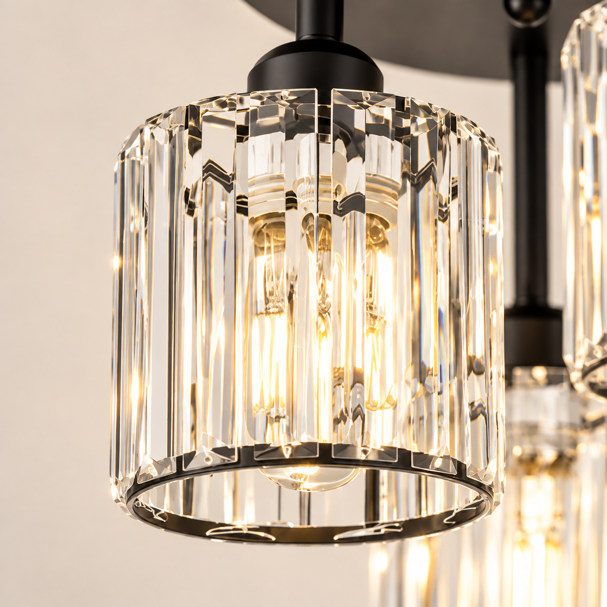 Close-up of a Valtera faceted crystal shade and black fitting