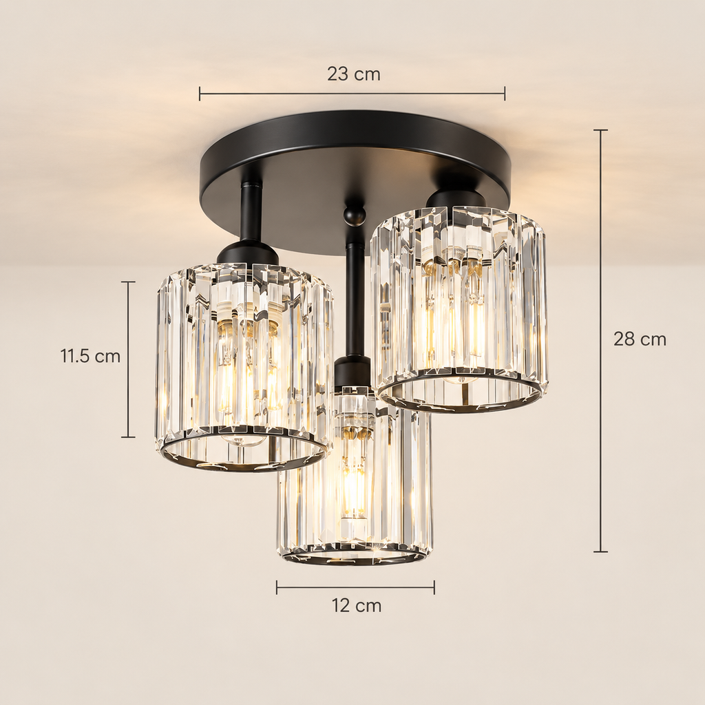 Valtera crystal ceiling light dimensions: 23 cm canopy, 28 cm high, shades 12 x 11.5 cm