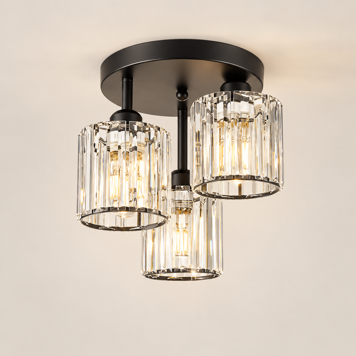 Valtera 3-light crystal ceiling light with black frame on a greige studio background