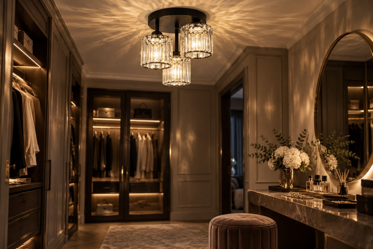 Valtera crystal ceiling light scattering sparkles in a dressing room at night