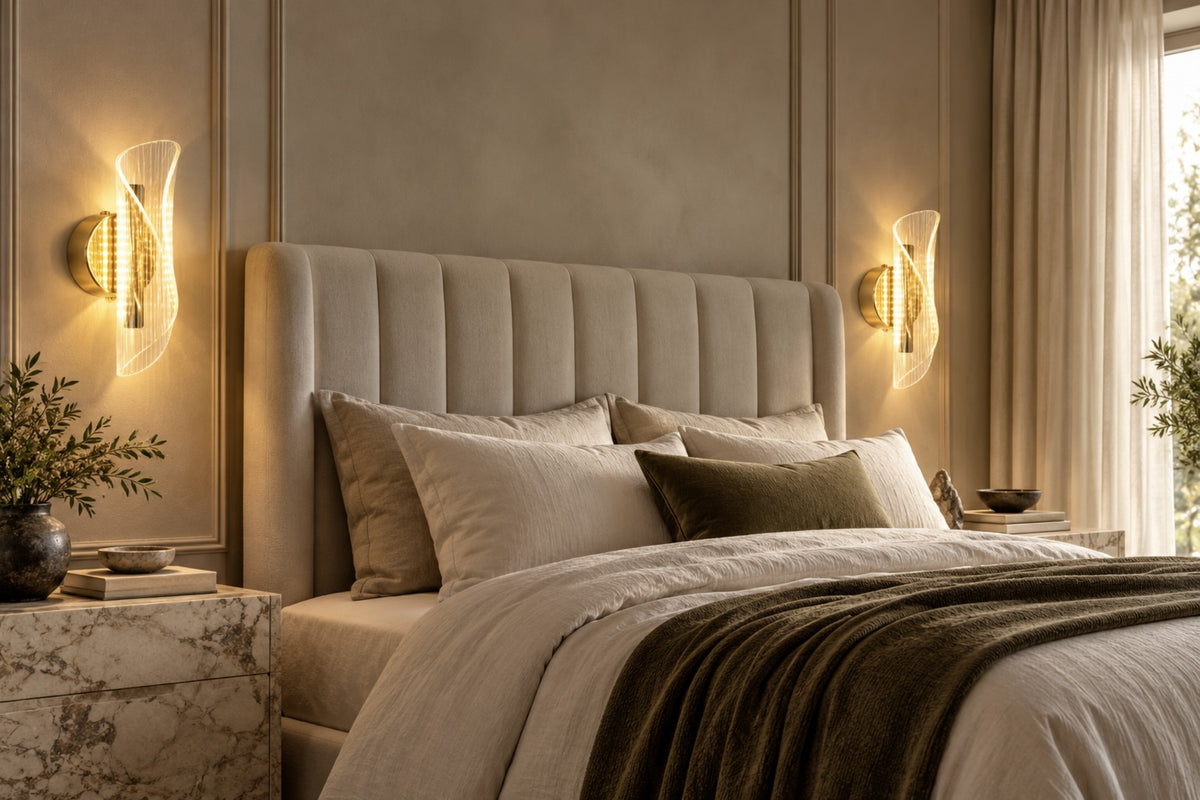 Pair of Velia gold and acrylic wall lights either side of a bed