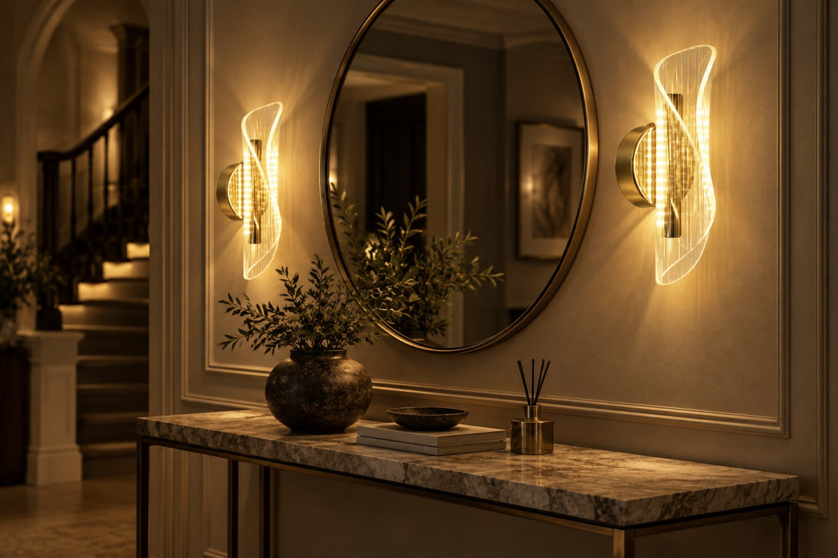 Pair of Velia wall lights glowing either side of a hallway mirror at night