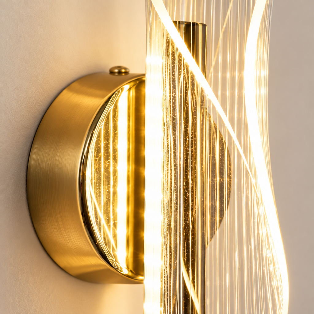 Close-up of the Velia ribbed acrylic scroll and gold base