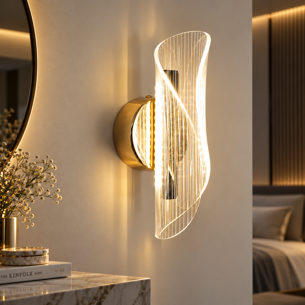 Velia gold and acrylic LED wall light glowing warm white