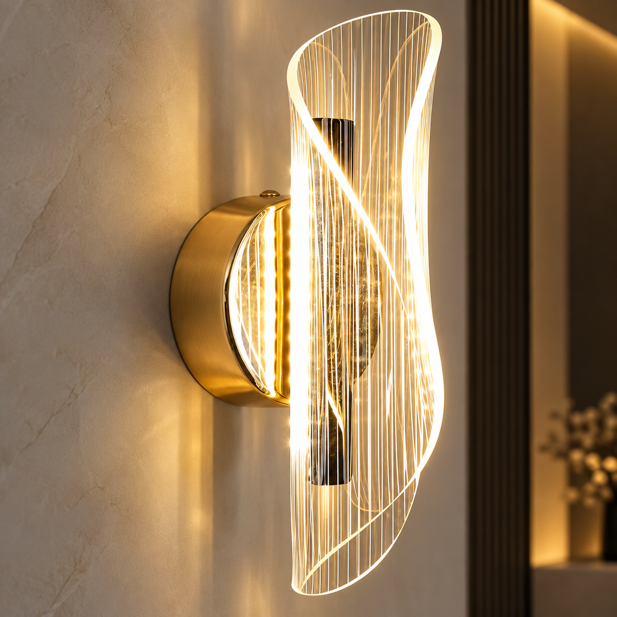 Velia gold and ribbed acrylic LED wall light, lit in a modern interior
