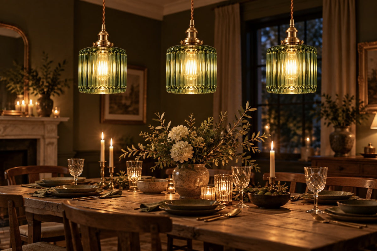 Three green Verra ribbed glass pendants glowing above a candlelit dining table
