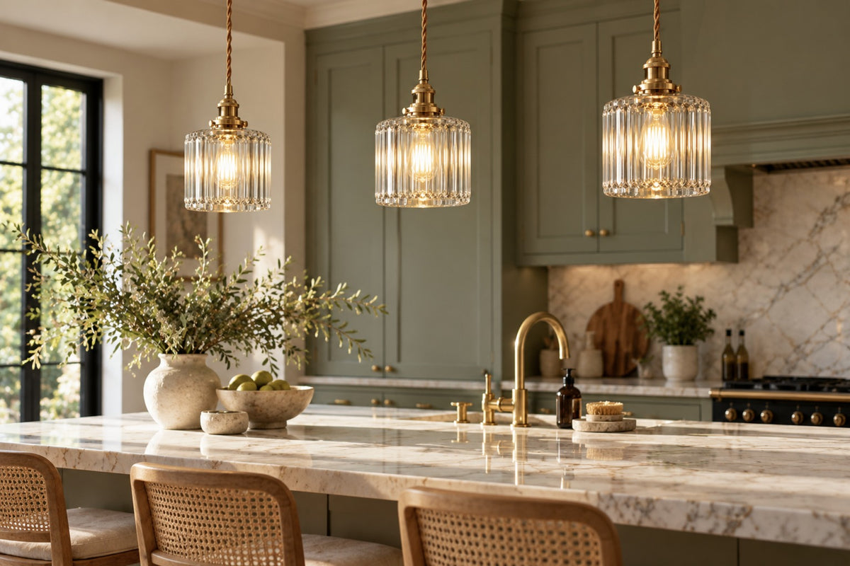 Three clear Verra ribbed glass pendants above a marble kitchen island