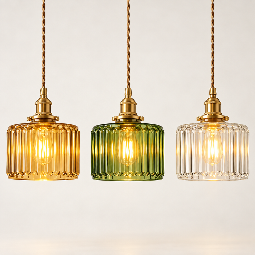 Verra ribbed glass pendant lights in amber, green and clear, lit side by side