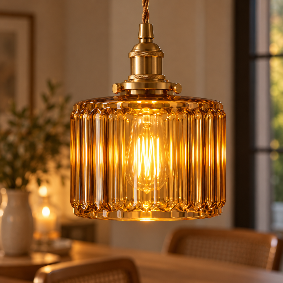 Close-up of the amber Verra ribbed glass shade and brass holder, lit