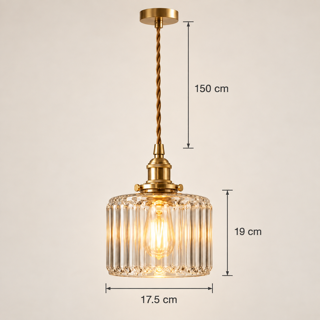Verra ribbed glass pendant dimensions: 17.5 cm diameter, 19 cm high, 150 cm cord