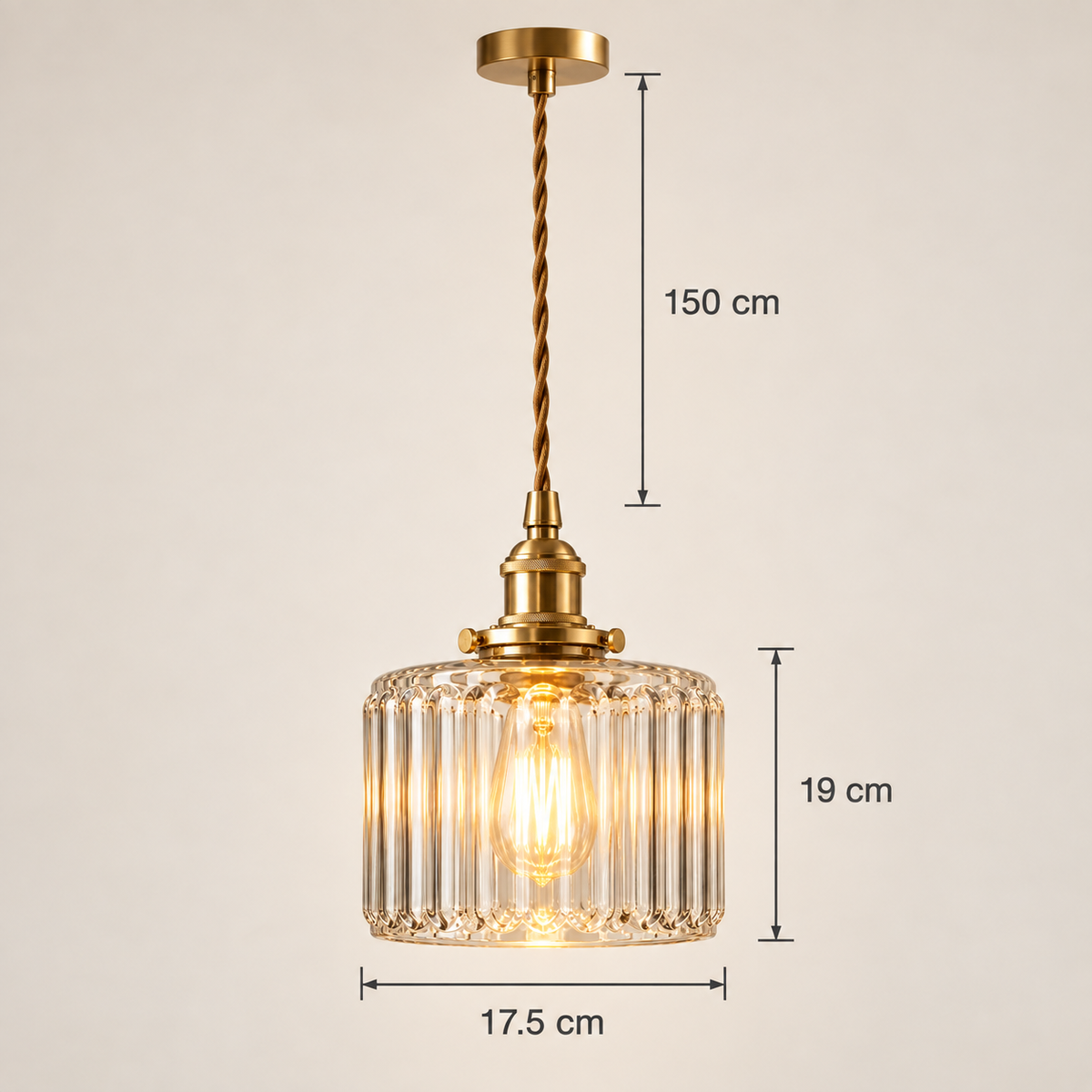 Verra ribbed glass pendant dimensions: 17.5 cm diameter, 19 cm high, 150 cm cord