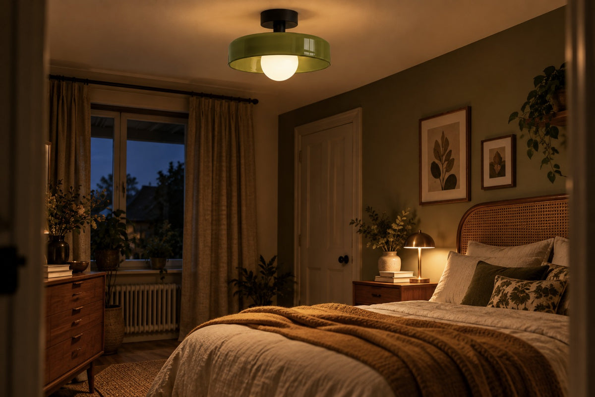 Green Vetra glass ceiling light glowing in a cosy vintage bedroom at night