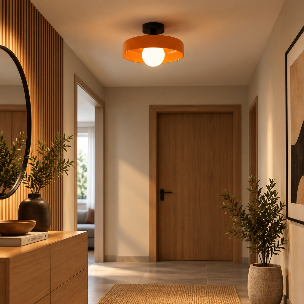 Vetra orange glass semi-flush ceiling light in a hallway
