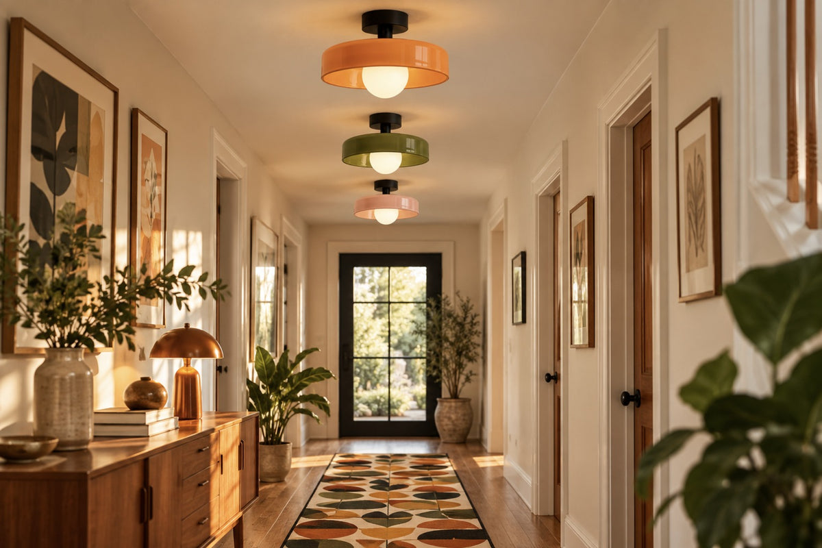 Three Vetra glass ceiling lights in orange, green and pink along a mid-century hallway