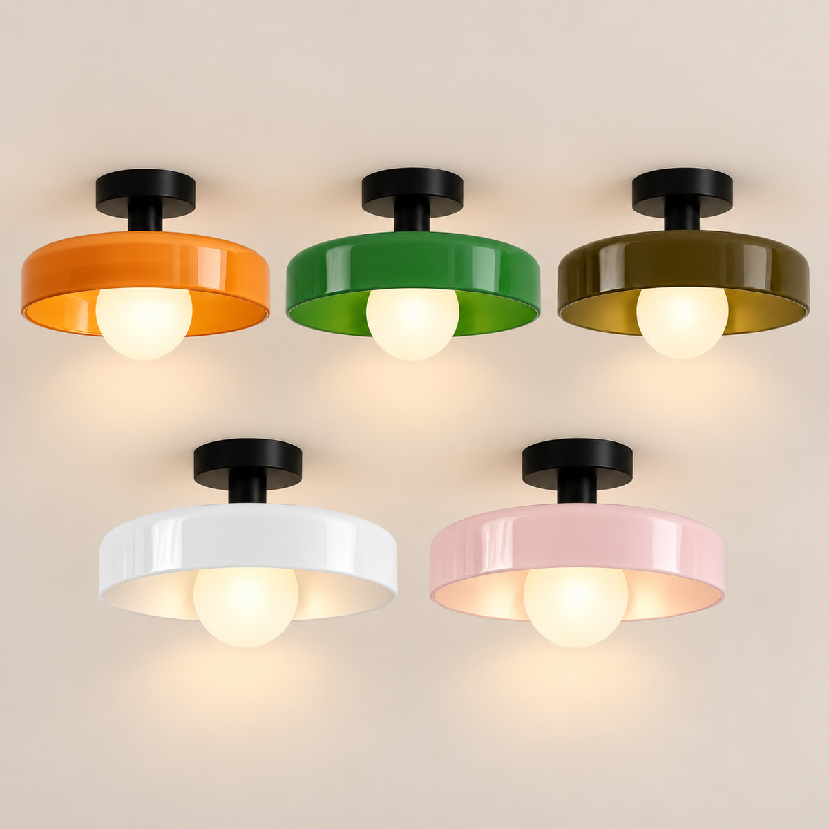 Vetra retro glass semi-flush ceiling light in orange, green, brown, white and pink on a greige studio background