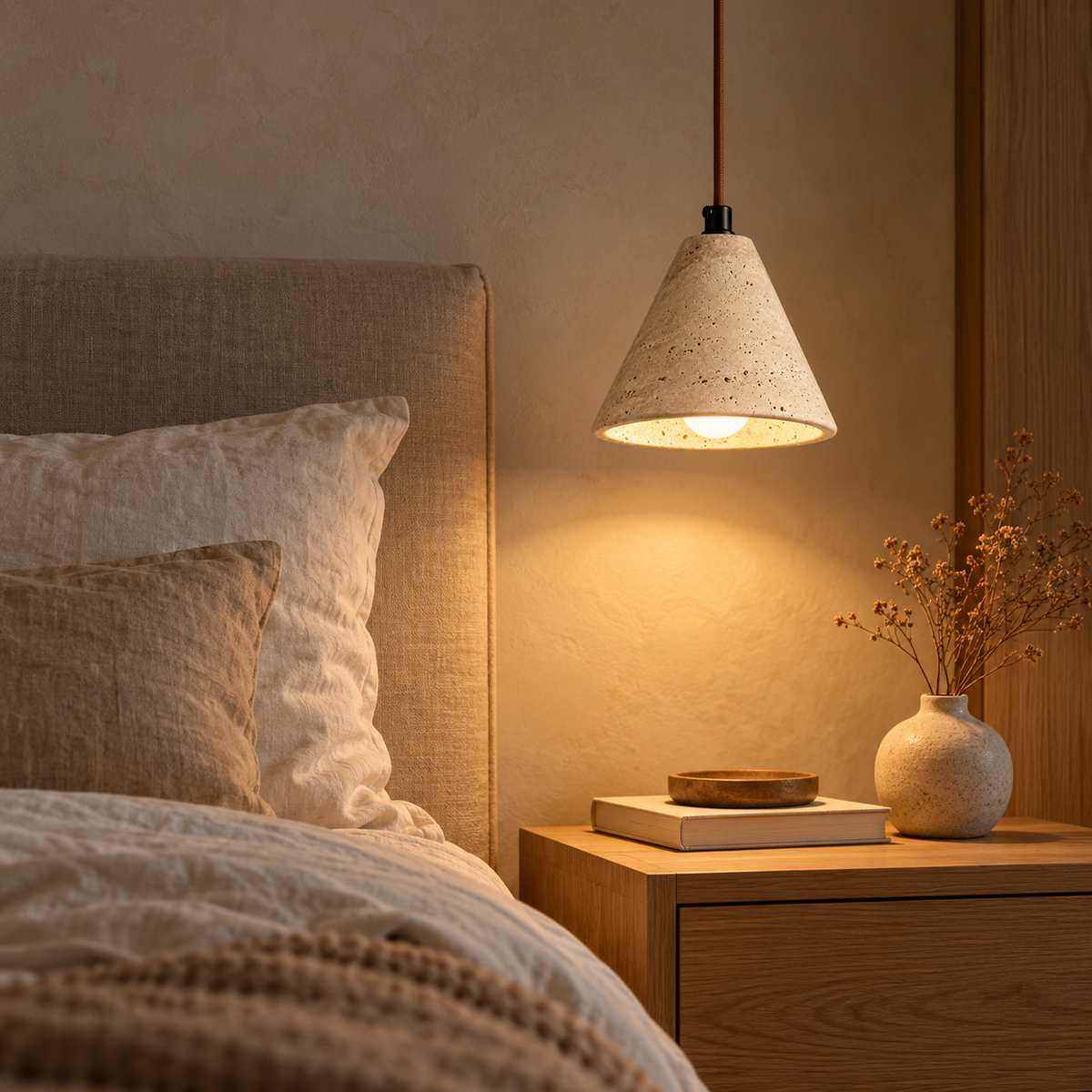 Ambra yellow travertine cone pendant light hanging low beside a bed