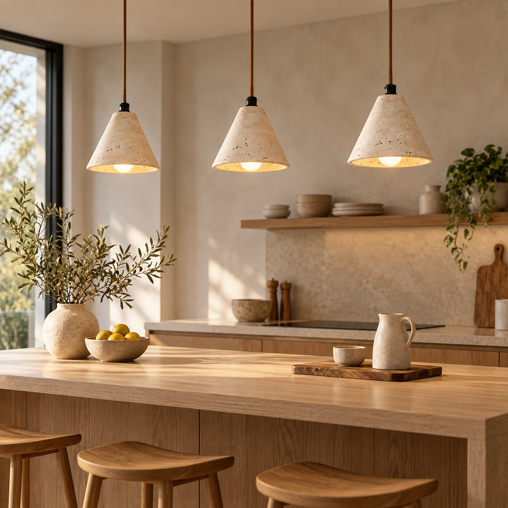 Three Ambra yellow travertine cone pendant lights over a light oak kitchen island
